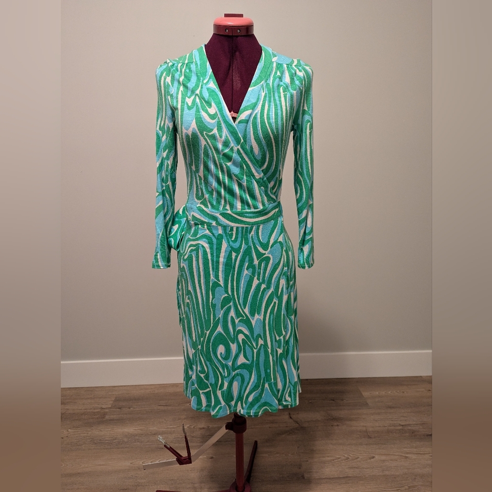 Green and White Patterned Wrap Dress